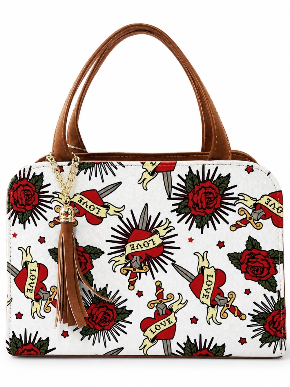 White Tattoo-Print Satchel Handbag with Brown Handles
